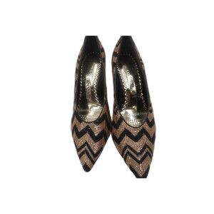 Vintage J. Renee Gold and Black Glitter Stripe Lace Sequin Cone Heel Pumps 7.5